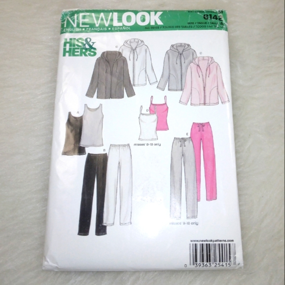 NEW LOOK 6142 His & Hers Tank top, pull on pants, full zip hoodie jacket